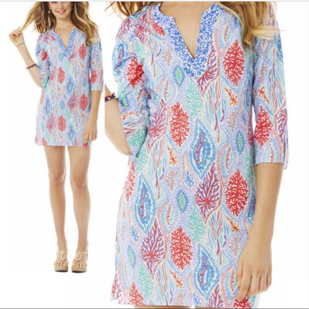 NWT LILLY PULITZER Courtney tunic dress let it minnow coral pattern XL beaded L